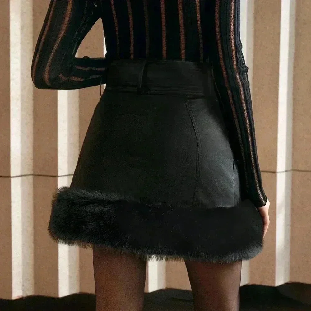 Black Casual Women's Cinched Waist Thickened Faux Fur Leather Mini Skirt